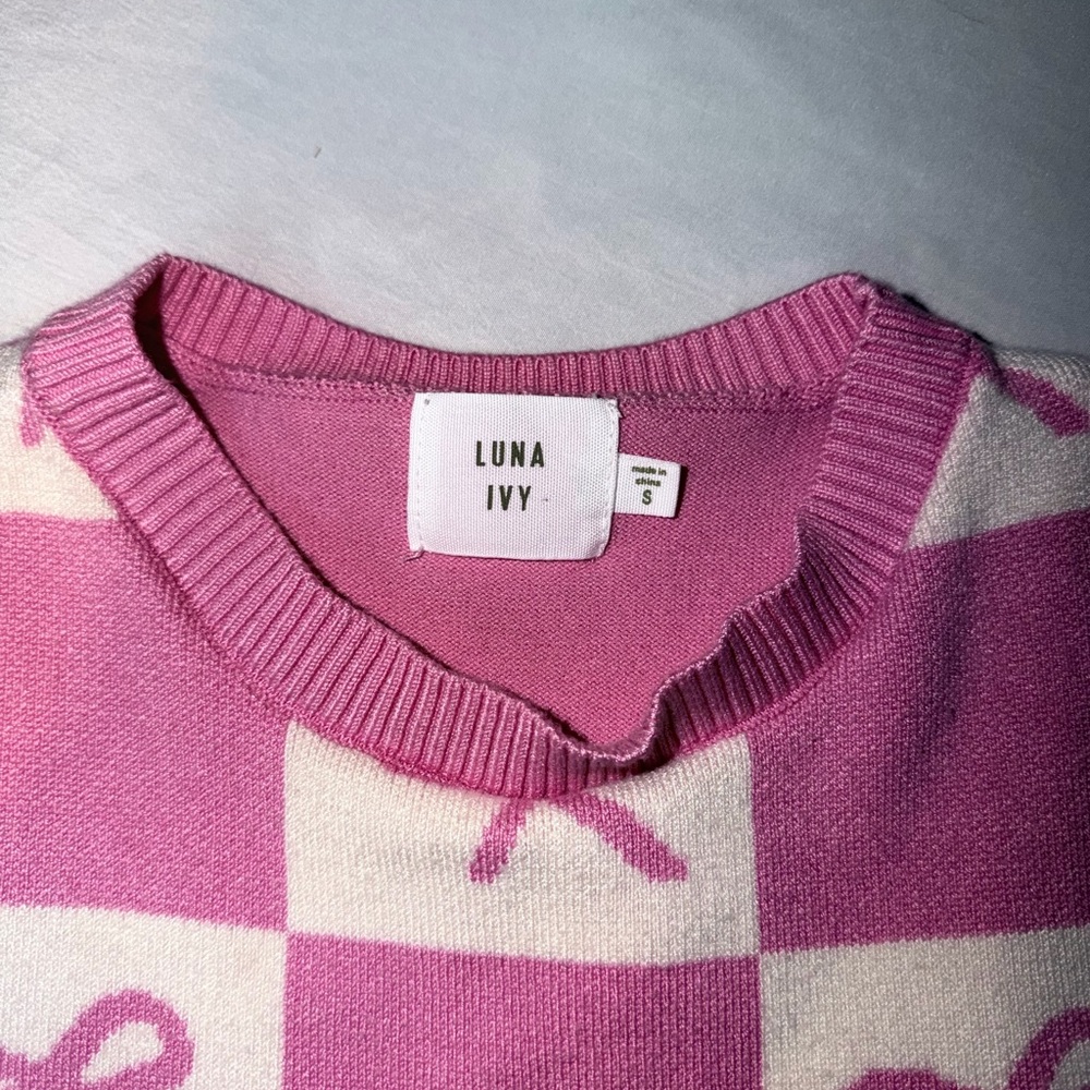 Luna Ivy Pink Bow Checkered Sweater Vest Women’s Small Preppy Coquette - Picture 2 of 4